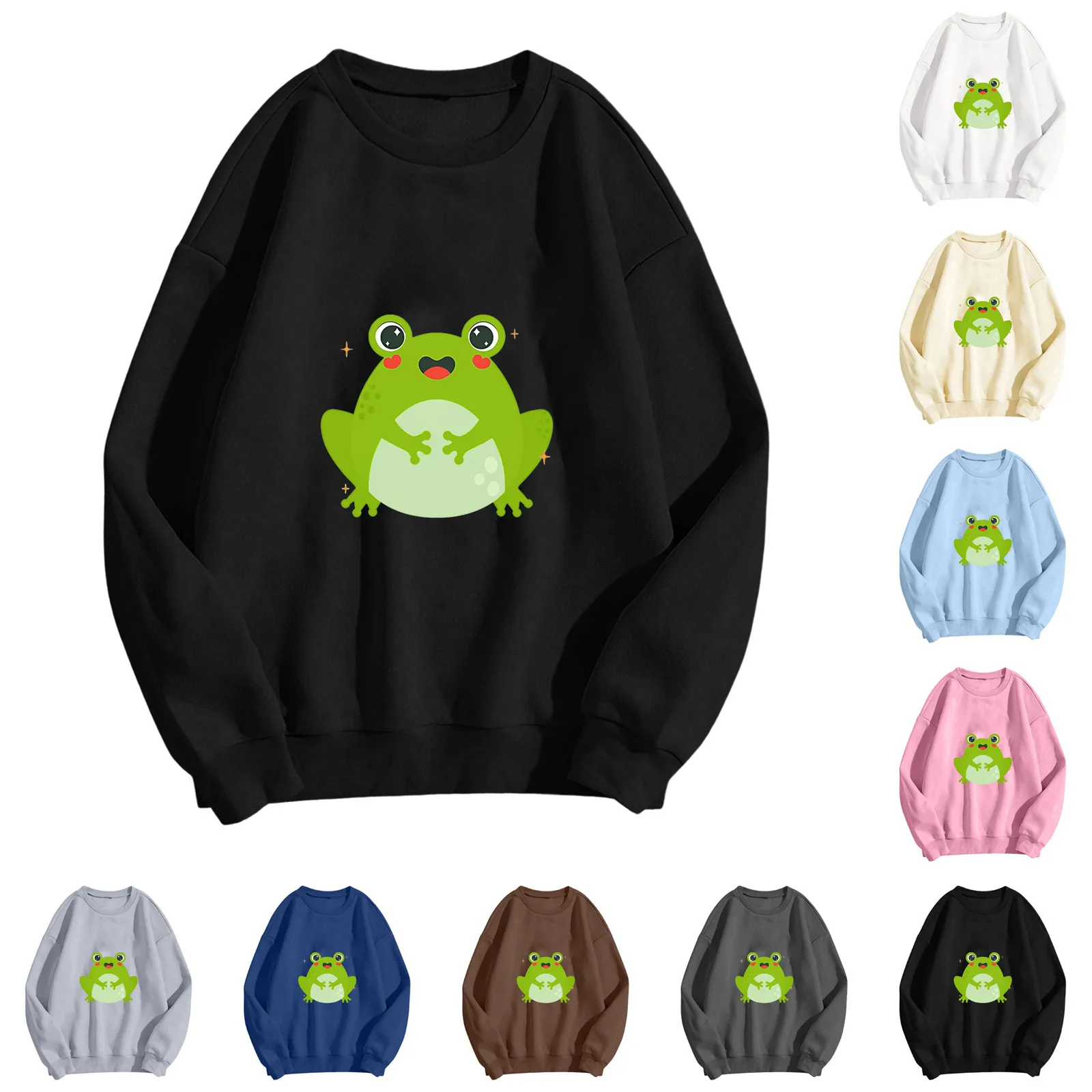 

Women Casual Sweatshirt Frog Print Round Neck Long Sleeve Pullover Hoodie