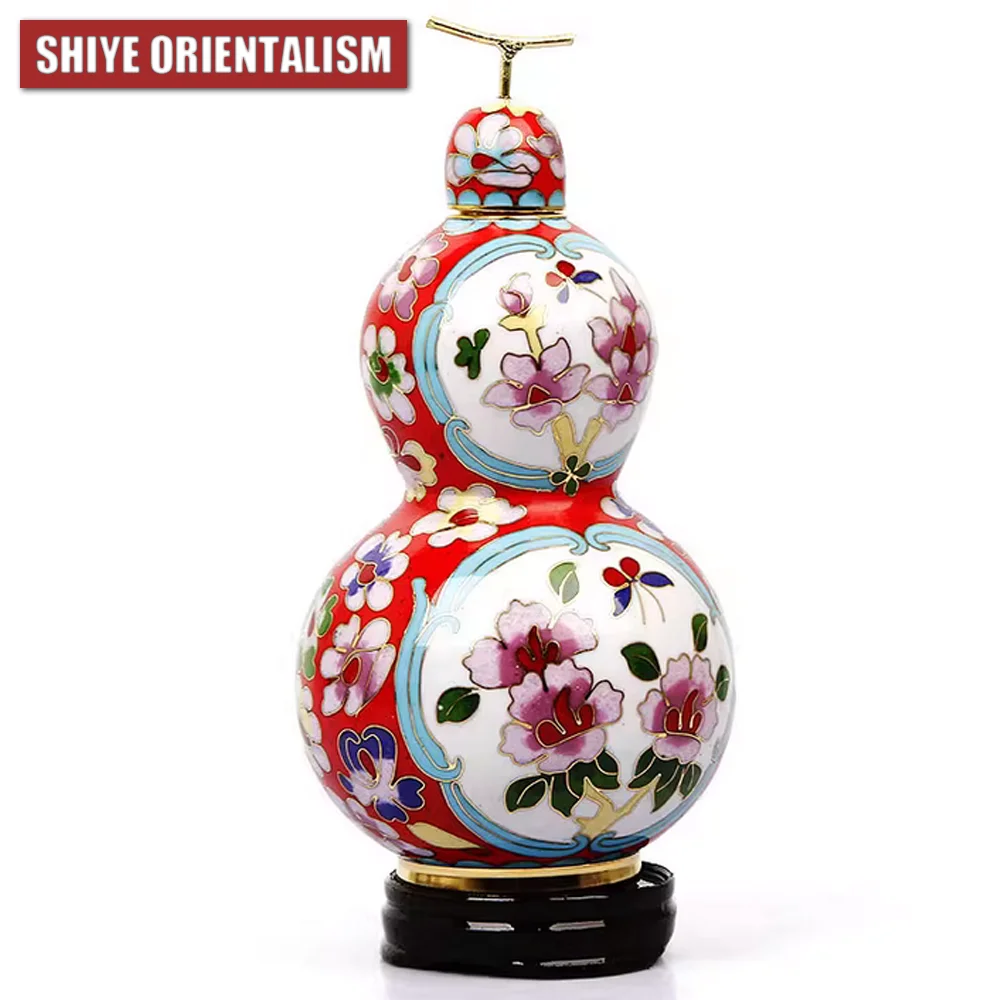 Фото SHIYE ORIENTALISM Перегородчатая ваза в виде тыквы Пион Медный корпус Cloisonn é Эмаль Деловой подарок Орнамент Ручная работа H 16 D 9 мм №1