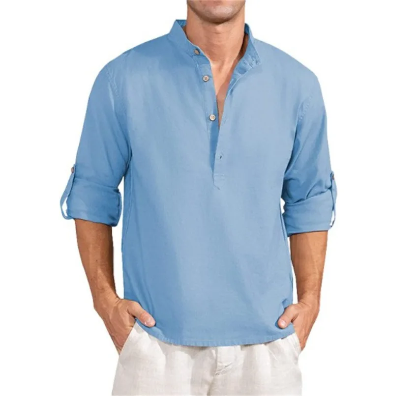 2022 button Men's Summer Linen Cardigan Tops Solid Color Casual Stand Collar Long Sleeve Shirts Plus Size