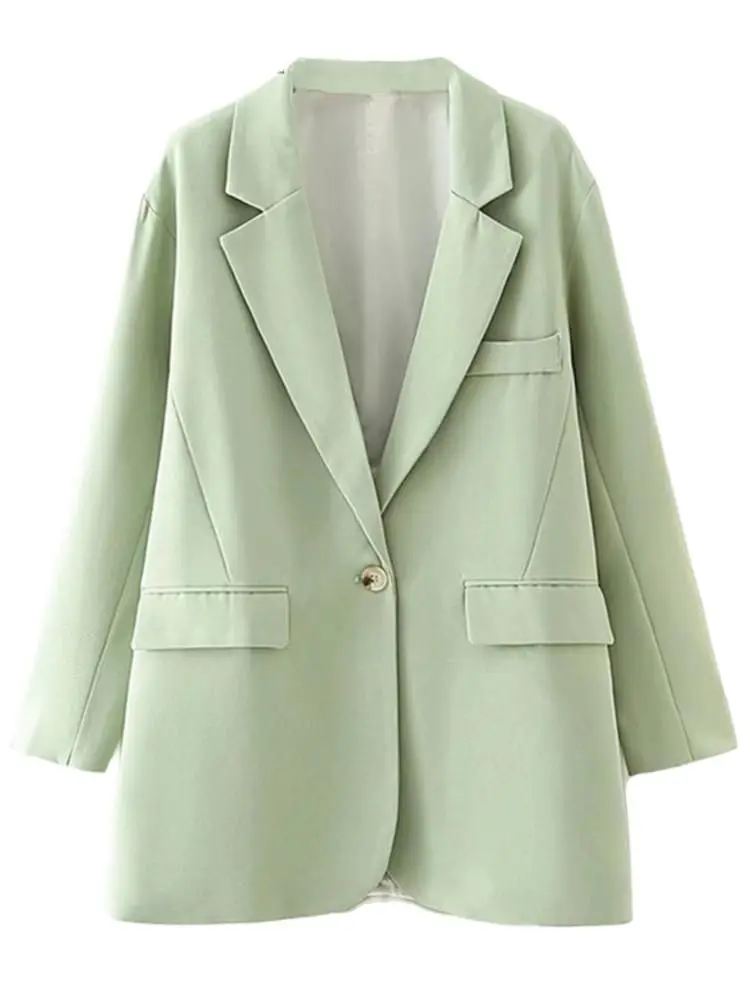 

Aonibeier 2022 Spring Woman Casual Traf Jacket Notched Collar Long Sleeve Single Button Loose Blazers Office Lady Green Coats