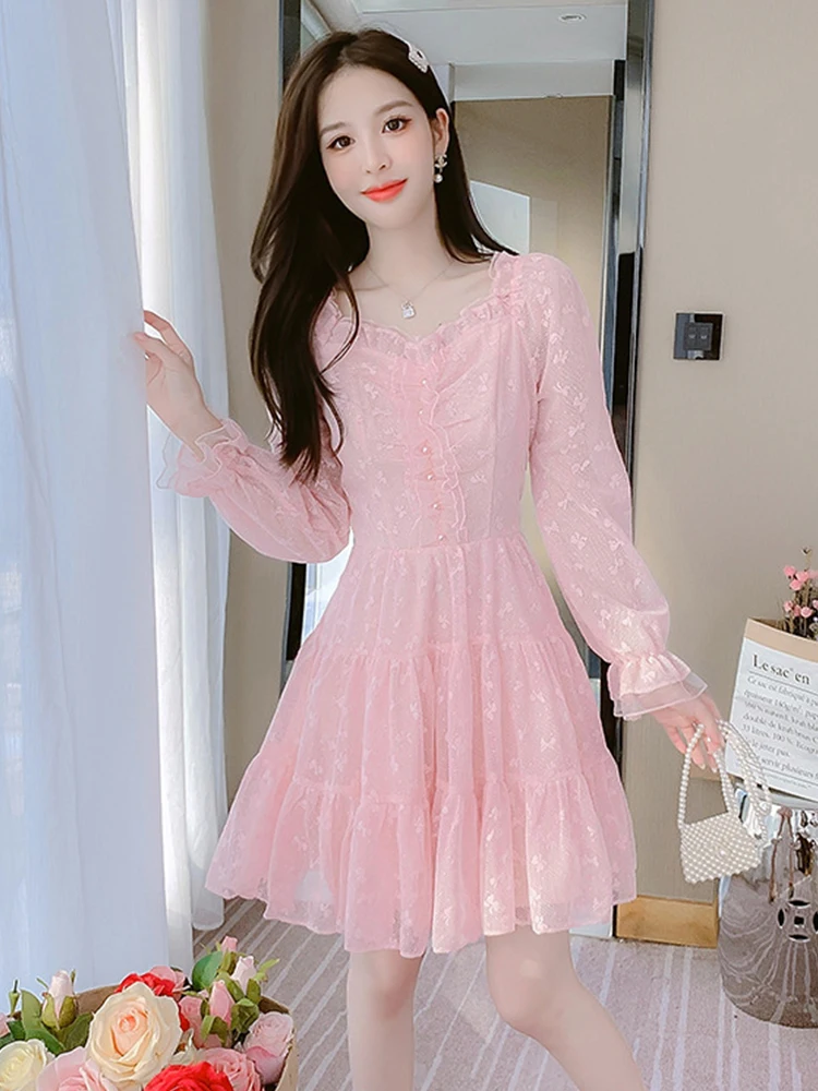 

Spring Autumn Women Dress Sweet Flower Embroidery Sexy Sheer Flare Sleeve Mini Party Beach Street Clothes Femme Mujer Vestidos
