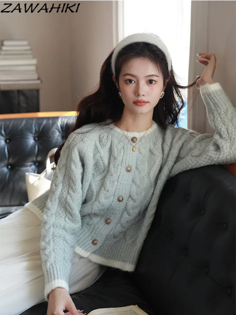 

Винтажный элегантный Однотонный свитер, кардиган, женский укороченный свитер на пуговицах, милая вязаная уличная одежда для девушек, униве...