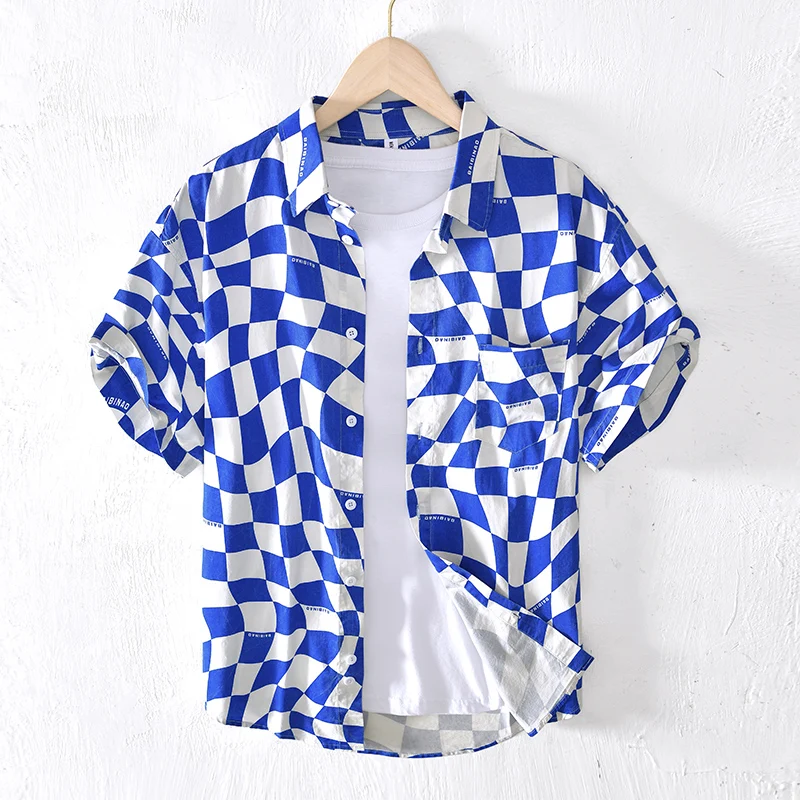 

Checked Commuter Printed Trendy Casual Shirt Pointed Collar Summer Youth