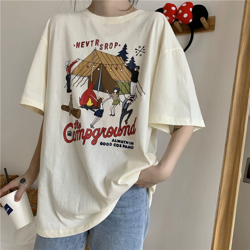 

Cute Cartoon Printing Summer 2022 New T-Shirts For Women Fashion Vintage Loose Harajuku All-Match Tees Girls Ins Preppy Style