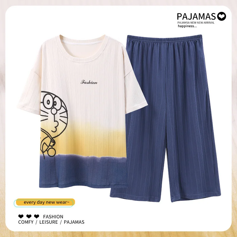pajamas women's short sleeved capris summer new cotton round neck cute cartoon size home thin style can be worn out