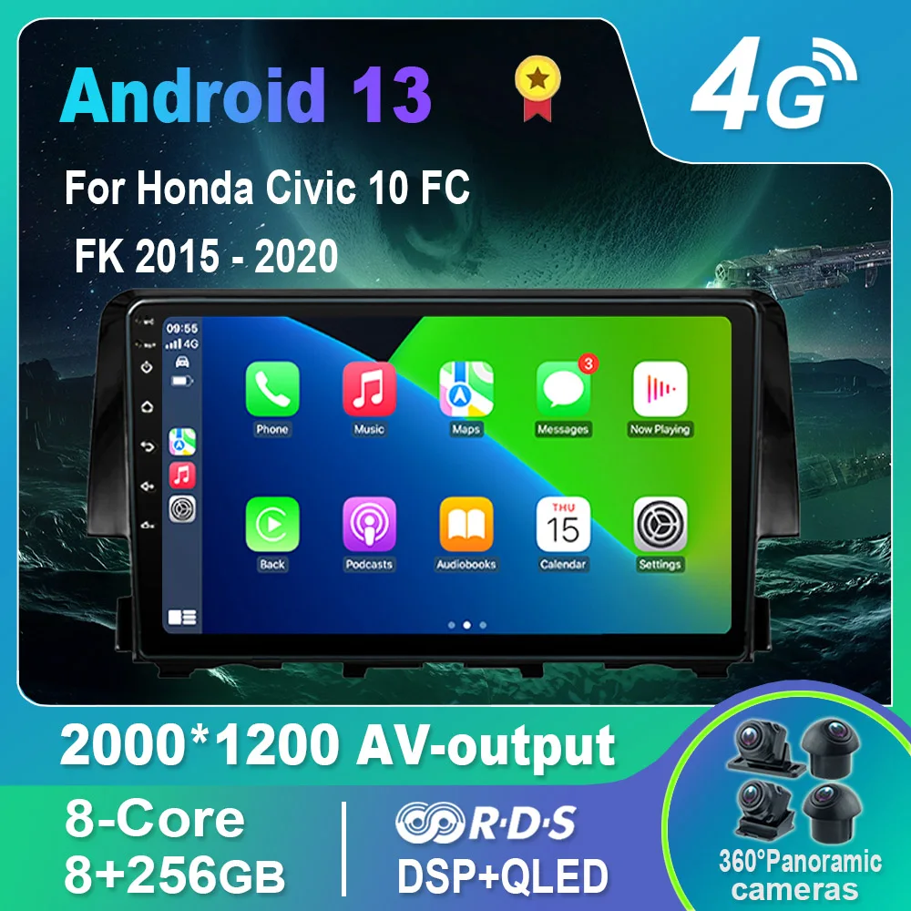 

Автомагнитола на Android 13,0/Мультимедийный видеоплеер для Honda Civic 10 FC FK 2015-2020 GPS QLED Carplay DSP 4G WiFi Bluetooth
