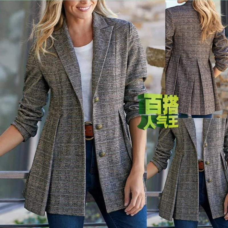 

Women's Suits & Blazers 2022 Spring And Autumn Suit Collar Plaid Pleated Woolen Jacket Women Blazer Woman