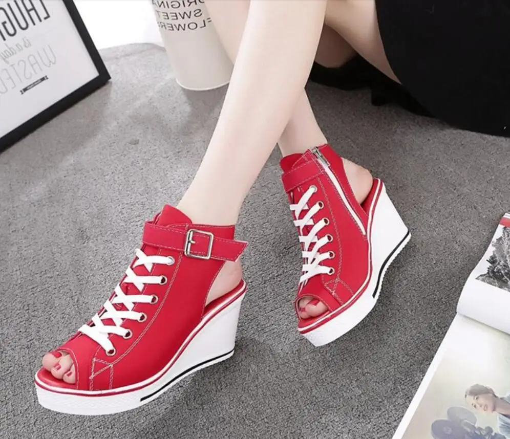 

43 Big Size Women Sandals Wedge Shoe for Woman Platform Shoes Canvas Woman Pumps Womens Summer Heels Plateau Sandals Women Red
