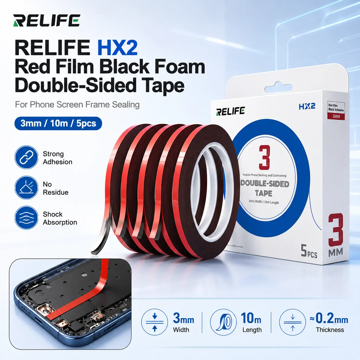 Фото Двусторонняя клейкая лента RELIFE HX2 с красной пленкой и черной пеной, 3 мм, 10 м, с сильным клеем, для ремонта рамок экранов телефонов №1