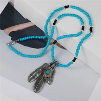 new fashion bohemian women girl alloy feather necklace vintage bluc rice beaded turquoises pendant jewelry gifts 2022