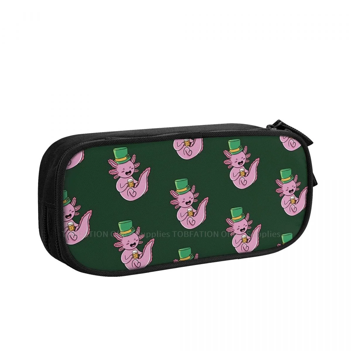 

St Patricks Day Irish Beer Pencase Axolotl Lover Pencil Bag Girls Boys Student Stationary Bags Large Capacity Double Zipper