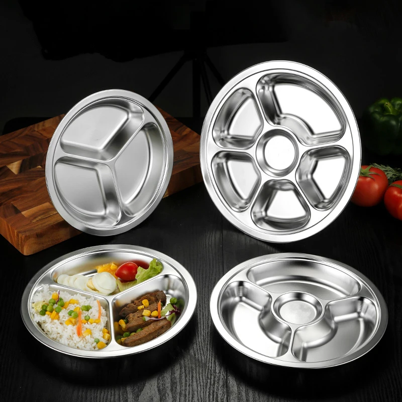 Stainless Steel Round Divided Dinner Plates for Food Home Tableware Canteen Lunch Container Snack Dishes Tray 3/4/5/6 Section