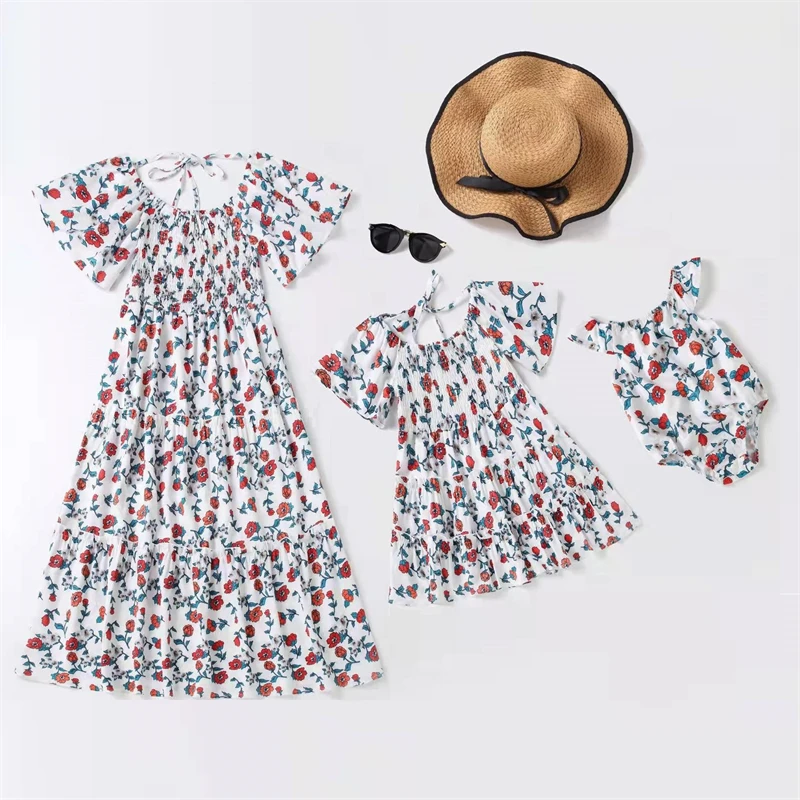 Flower Print Mother Daughter Matching Dresses Family Look Mommy and Me Clothes Outfits Mom Mum & Baby Women Girls Dress