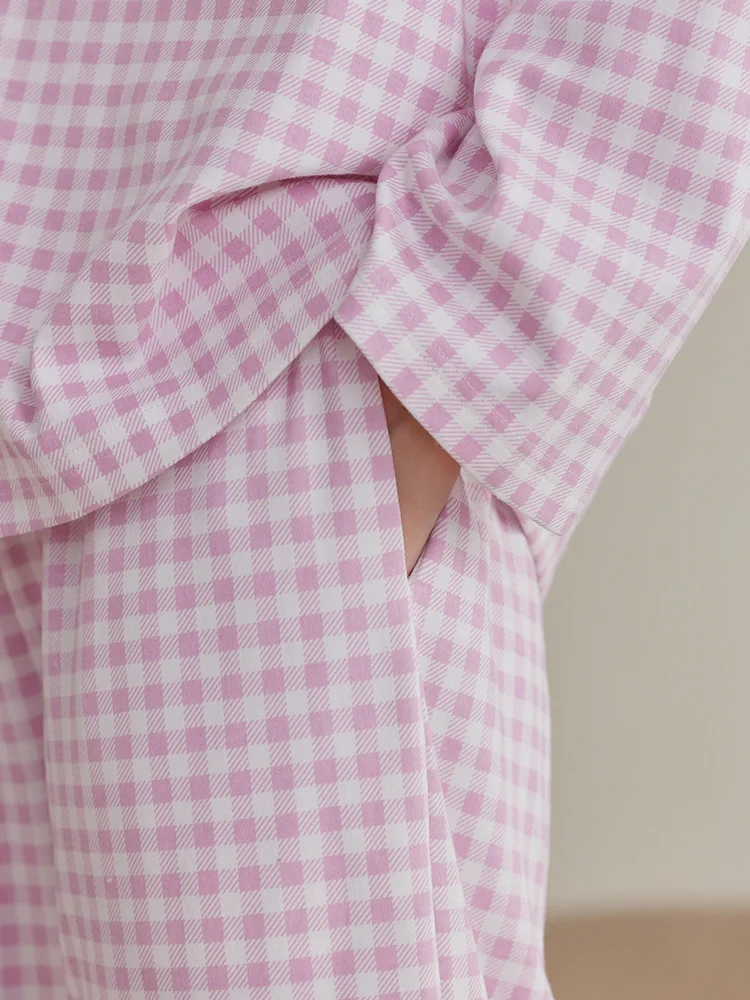 Finteng Cotton Pajamas Women Spring and Autumn Long sleeve Lapel Cardigan Plaid Casual Can Be Worn outside Homewear Set