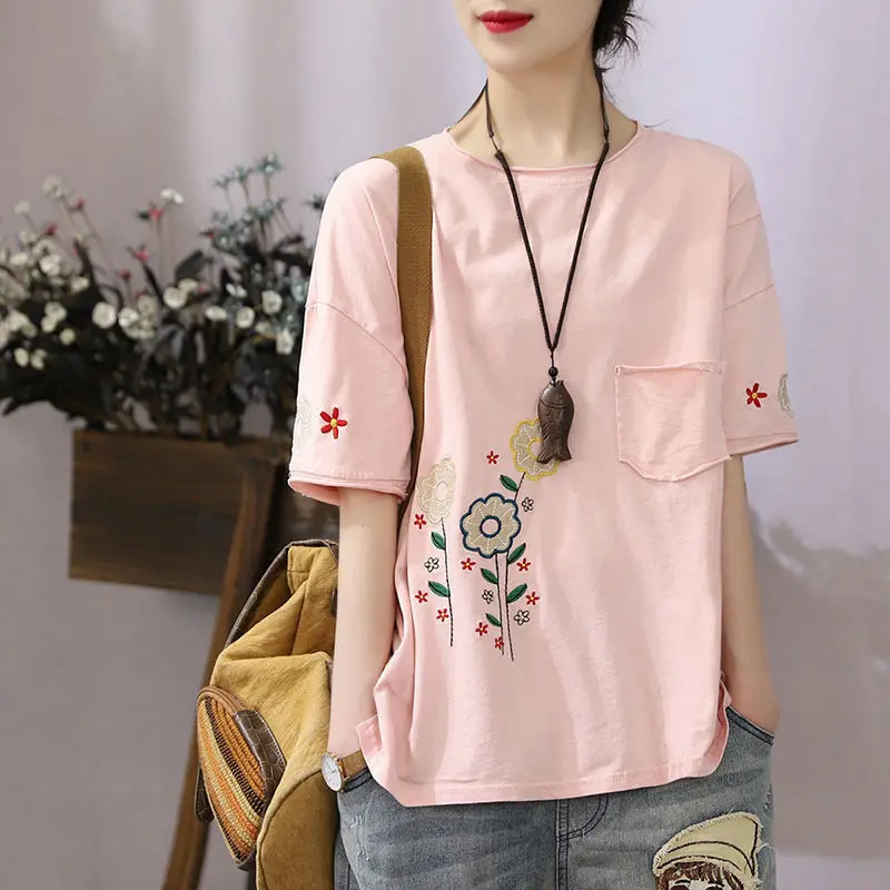 

Футболка женская с коротким рукавом, повседневный Универсальный Свободный Топ из чистого хлопка, с вышивкой, с рукавом до локтя, на лето