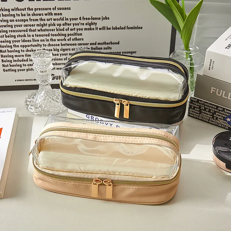 

High Capacity Pencil Case Two Layer Transparent Visable makeup brush bag Simplicity Black Beige Color Stationery Storage Bag
