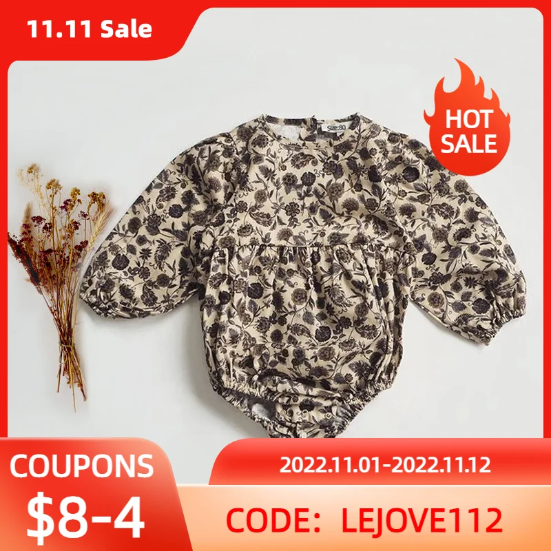 

Одежда для новорожденных девочек, хлопковый винтажный цветочный комбинезон с длинным рукавом, детский комбинезон, одежда для маленьких дев...