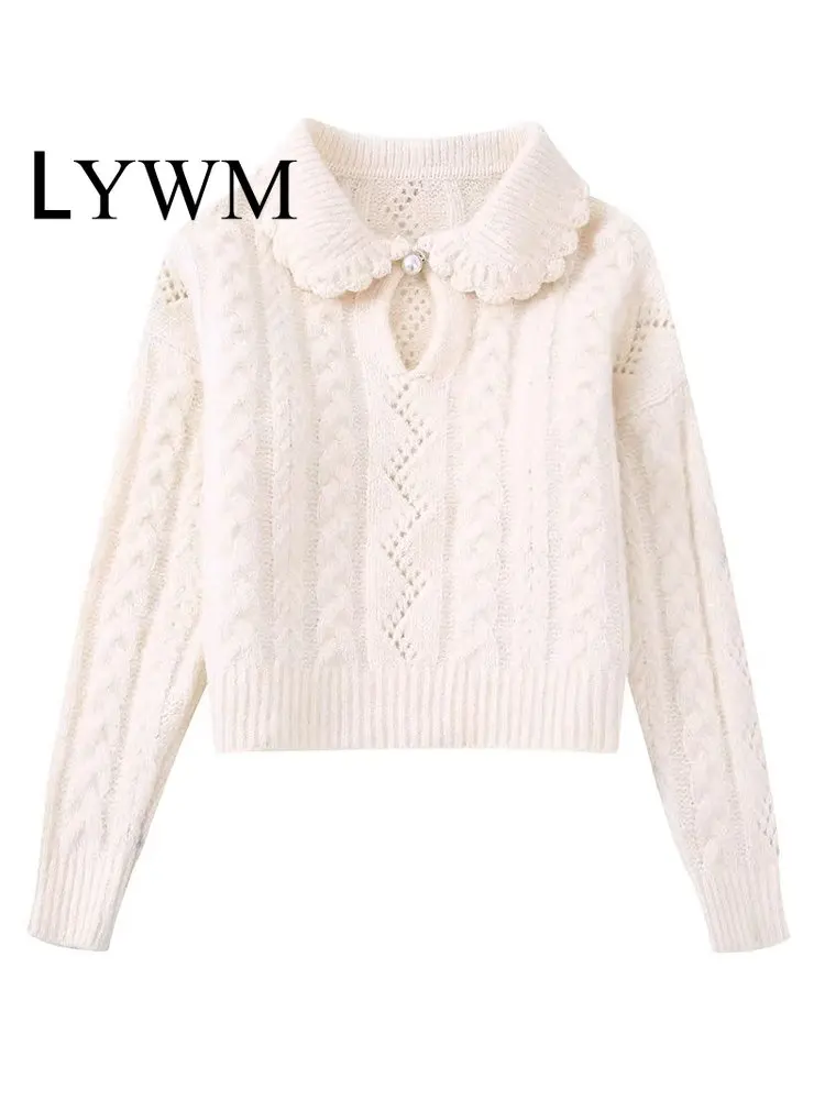 

LYWM Women Fashion Faux Diamonds Hollow Out Knitted Pullover Sweater Vintage Lapel Neck Long Sleeves Female Chic Lady Tops