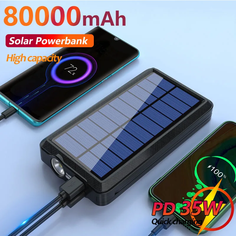 

Solar Charge Power Bank LED Flashlight Wireless Charger IP66 Rainproof Large Capacity 80000 Mah For Iphone Samsung Xiaomi LED