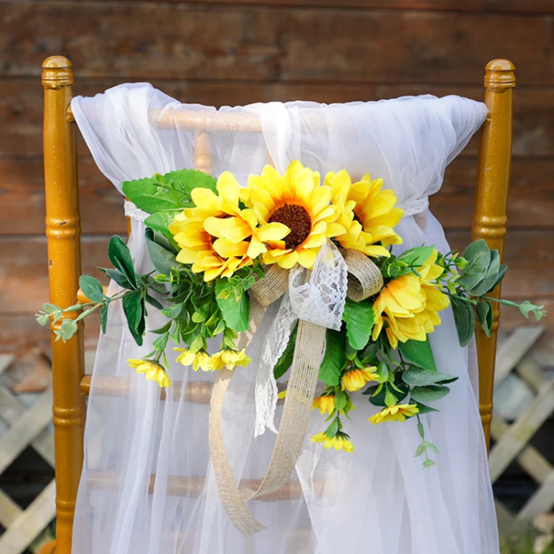 

Wedding Chair Decorations Artificial Flower Pink Wedding Chair Back Aisle Church Pew Flower Party DIY Decor with Chiffon Ribbons