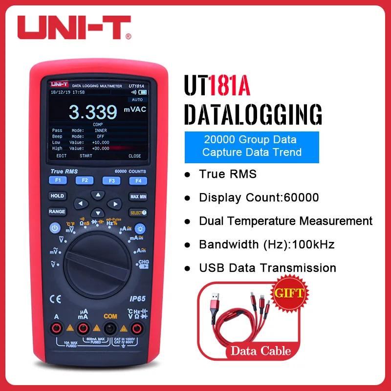 

UNI-T UT181A True RMS Auto Range Multimeter Datelogging Electrical Repair Industrial DMM Capacitance Temperature Meter