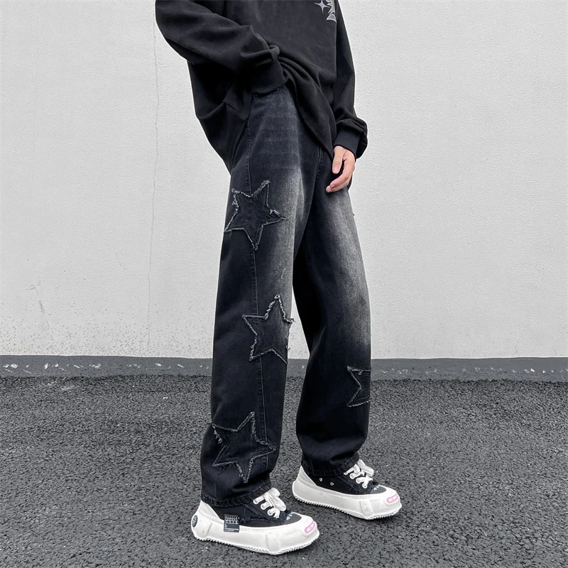 Spring Autumn New Fashion Streetwear Loose Straight-leg Denim Pants for Men and Women Couples Star Patch Embroidery Jeans Man