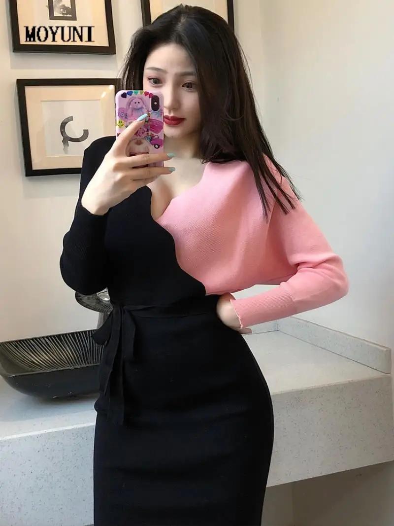 

Sexy Contrast V Neck Bandage Waist Women Knit Dress Bodycon High Waist Wrap Hip Backless Dress Vestido Midi Long