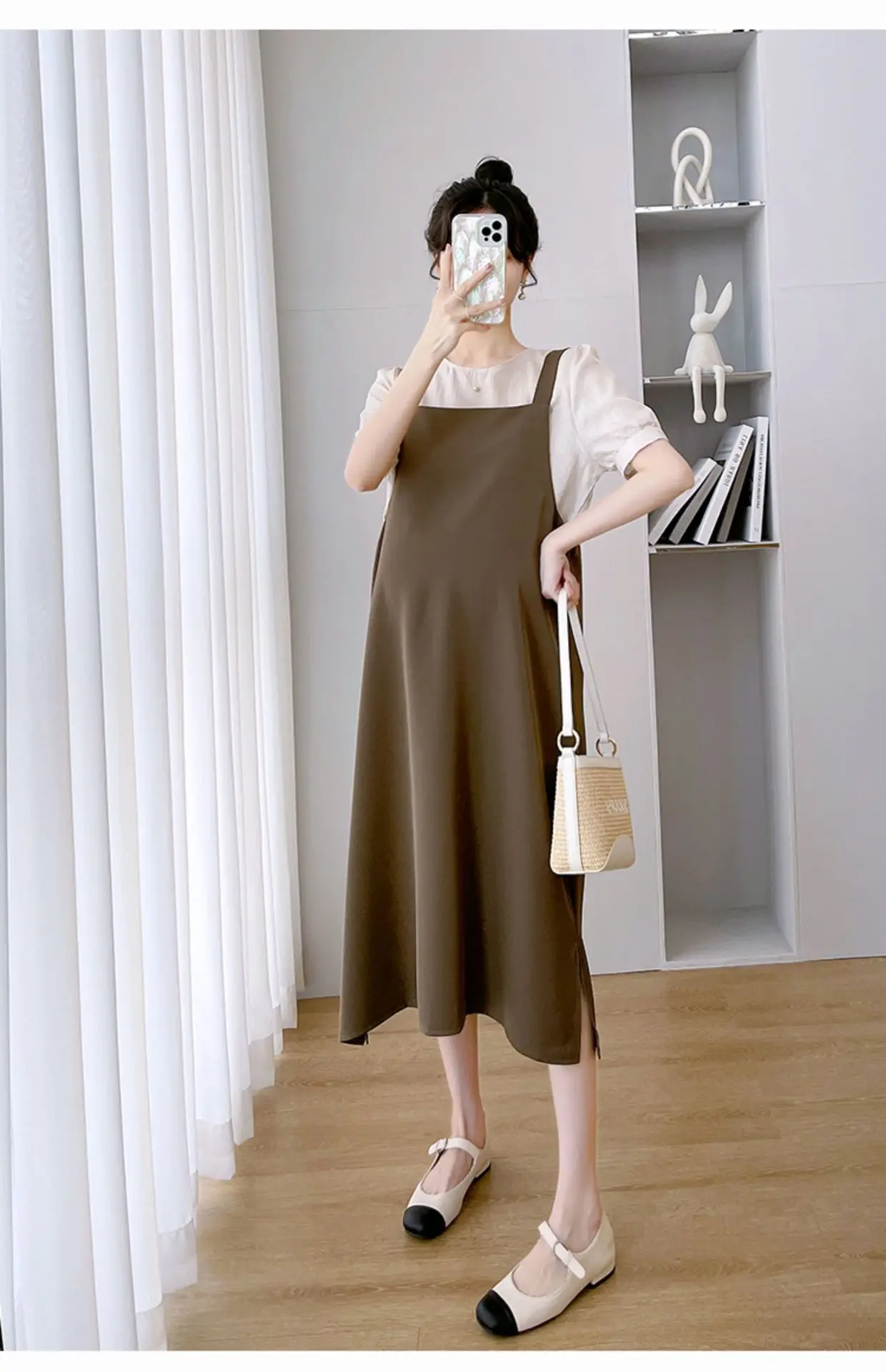 

Pregnant Women's O-neck Short Sleeve Casual Fashion Fake 2pcs Strap Design Knee Length Cotton Summer Dresses