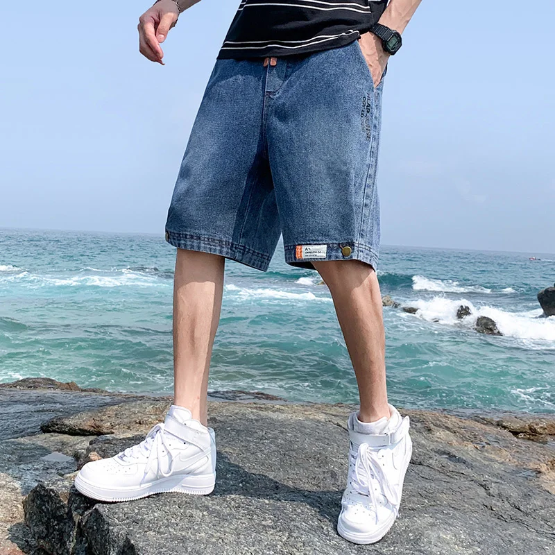 

Мужские джинсовые шорты, свободные однотонные шорты из хлопка, пляжные шорты в Корейском стиле, лето 2023