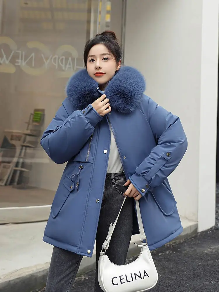 GRELLER 2022 New Women's Winter Jacket Fur Hooded Short Thick Warm Cotton Padded Jackets Parkas Woman Candy Color Winter Coat
