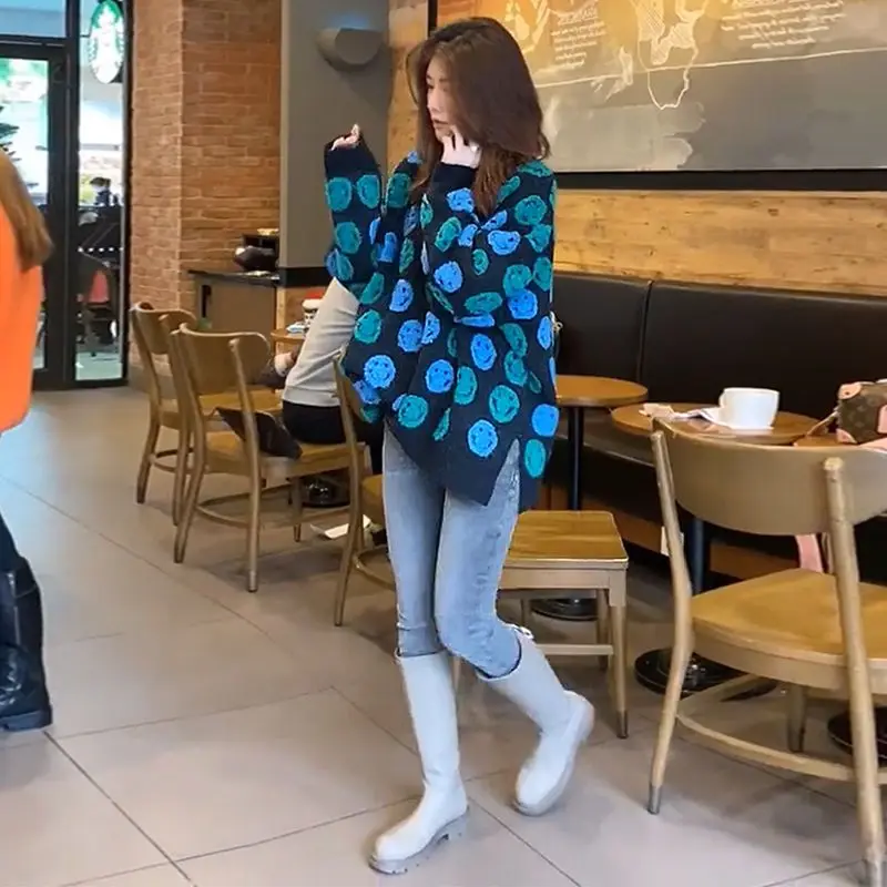 Женский трикотажный свитер свободного покроя повседневный пуловер с круглым