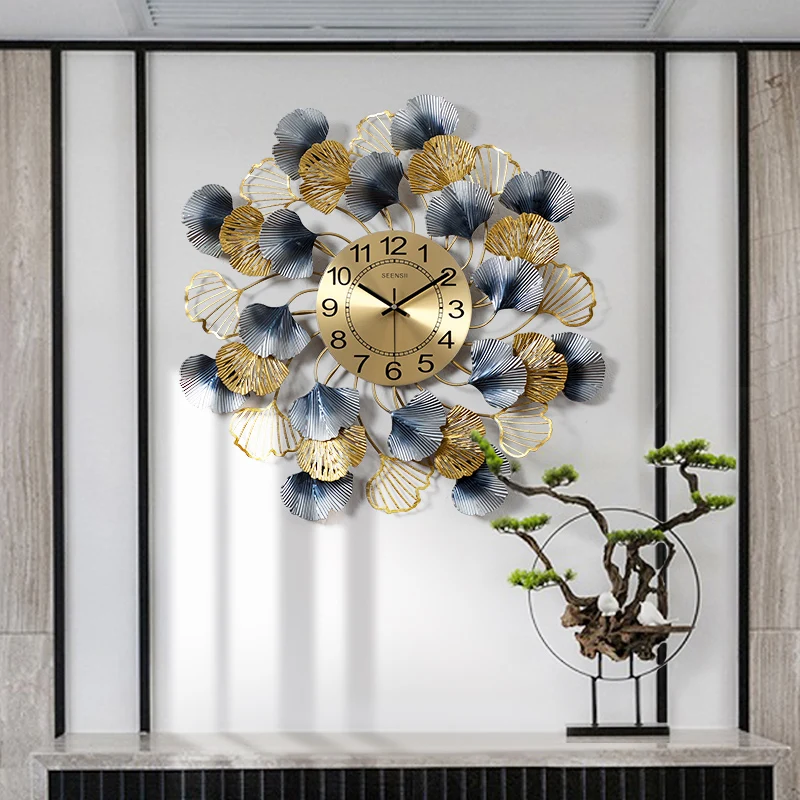 

New Chinese Wrought Iron Ginkgo Leaf Wall Clock Wall Sticker Mural Crafts Home Livingroom Mute Clock Wall Hanging Decoration