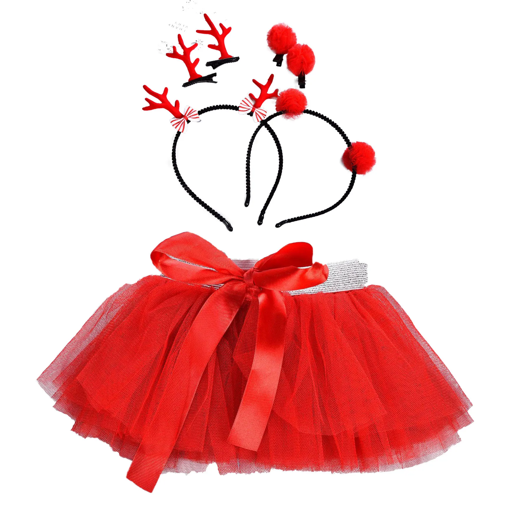 Children's Summer Girl's Red Gauze Skirt Christmas Antler Deer Horn Hair Hoop Infant Toddler Skirts Set for Kids Free Shipping