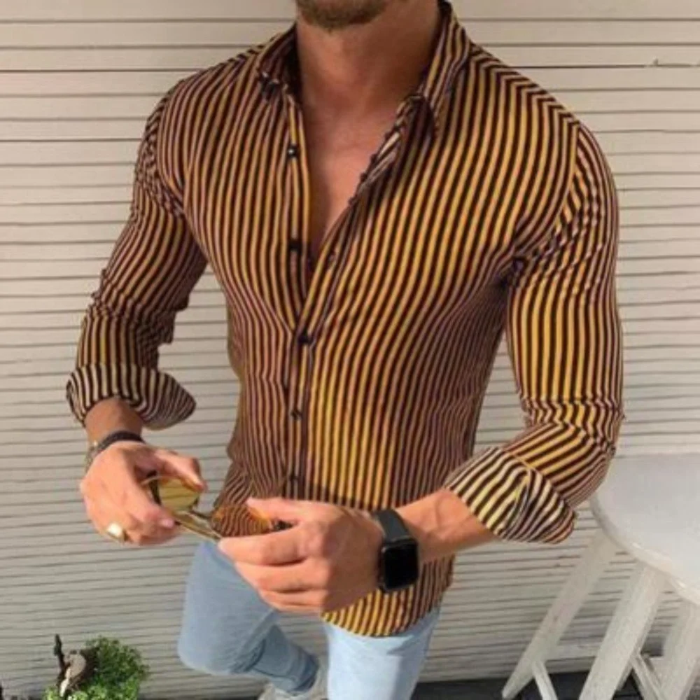 Men's Long Sleeve Flip Button Collar Shirt Striped Slim Fit Shirt