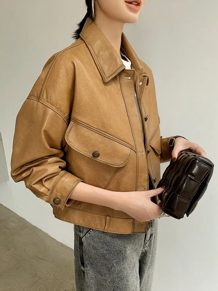 2022 Spring and Autumn New Leather Jacket Women's Slim Sheepskin Motorcycle Jacket S18