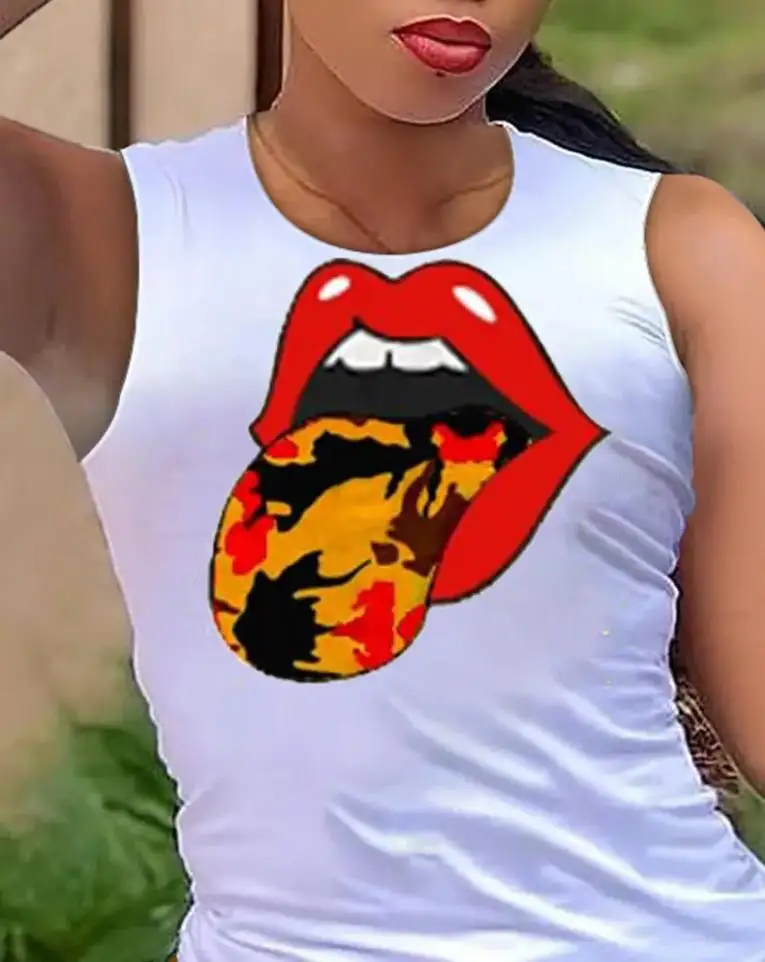 

Two Piece Sets Womens Outfits Lip Print Round Neck Sleeveless Tank Top & Ink Splash Drawstring Shorts Set 2022 Summer Fashion