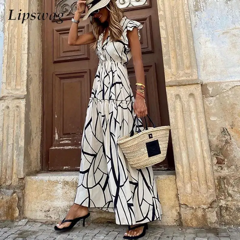 

2023 New Casual Ladies Pleated A-Line Dress Women Sleeveless Ruffle Waisted Beach Dress Summer Boho V Neck Long Dress Streetwear
