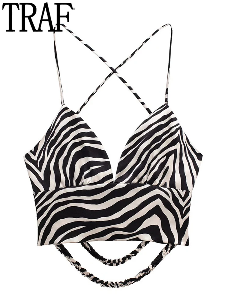 

Кроп-Топ женский атласный с принтом зебры, на бретелях, без рукавов