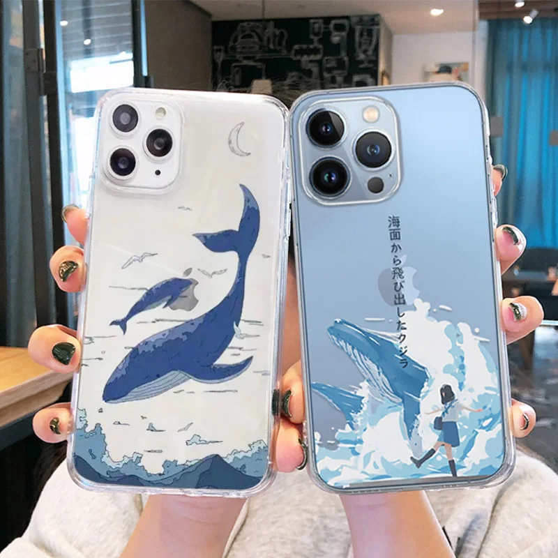 Japan Anime Landscape The Sea Whale Clear Phone Case for iPhone 13 12 11 Pro MAX X XS Max XR Mini 7 8 Plus SE Transparent Cover