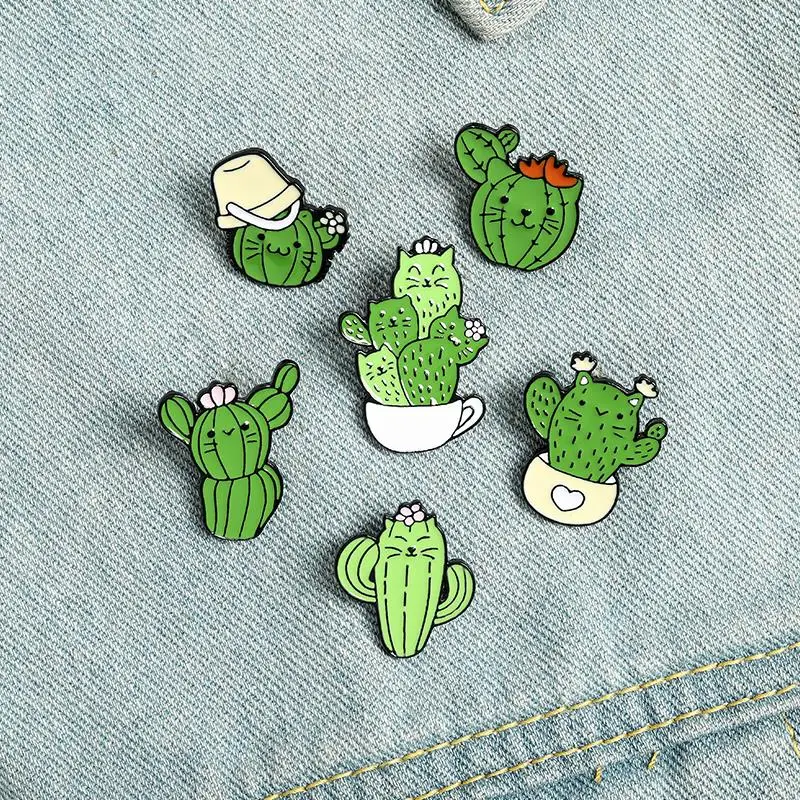 

Pin Custom Kitten Face Cactus Coffee Brooches Shirt Lapel Bag Funny Animal Plant Badge Jewelry Gift for Kids Cactus Cat Enamel