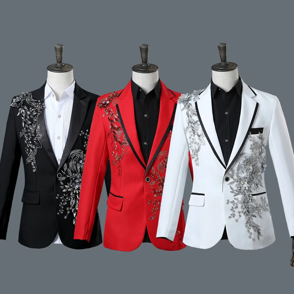 

Flashing Sequins Crystal Blazers Coat Prom Party Singer Host Costume Team Chorus Wedding Master Stage Outfit Formal Male Suits