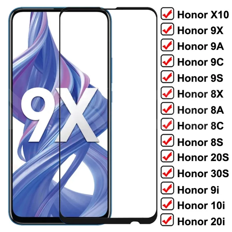 

9D Protective Glass on the For Honor X10 9X 9A 9C 9S Tempered Screen Protector Honor 8X 8A 8C 8S 20S 30S 9i 10i 20i Glass Film