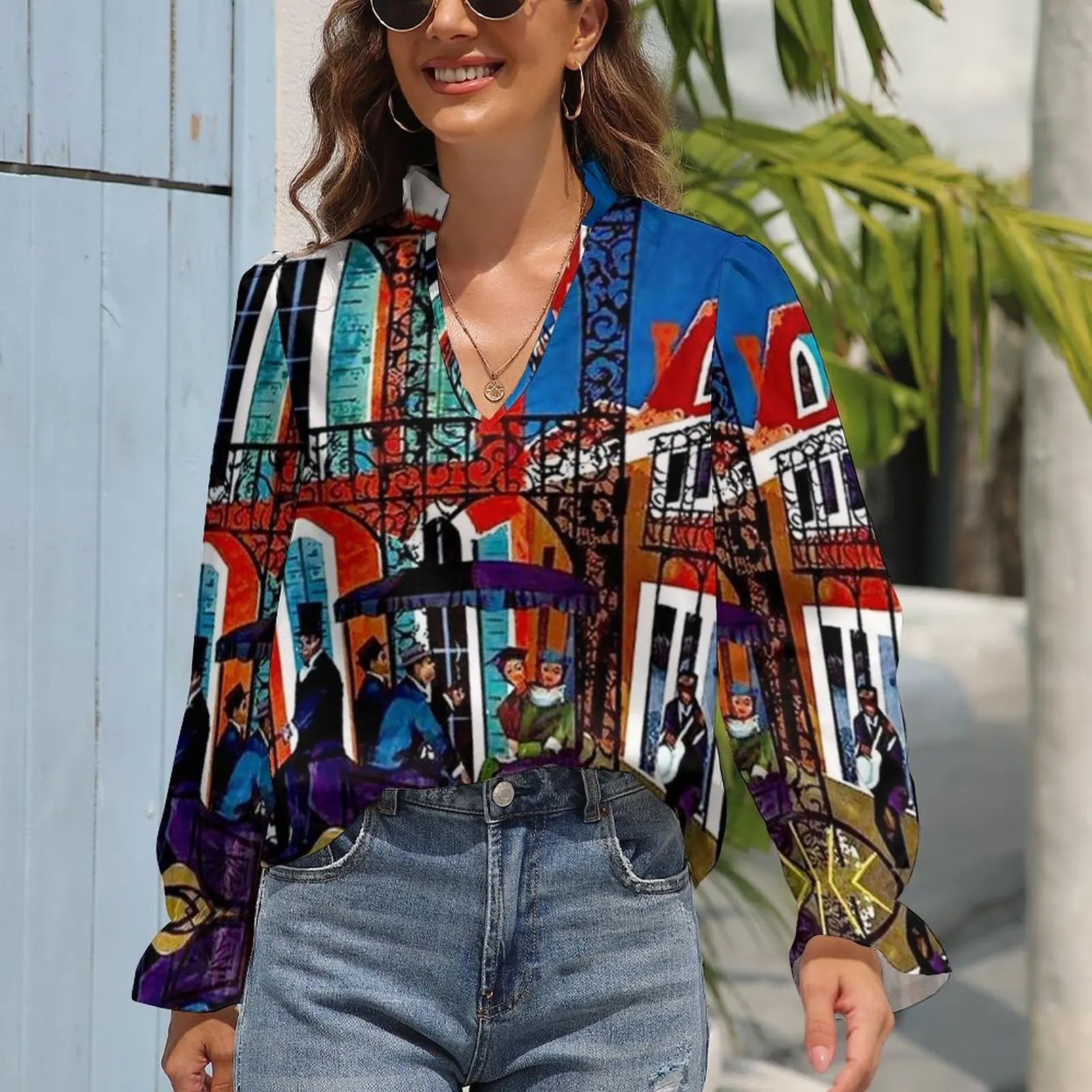 

Jazz Festivals Blouse New Orleans Print Streetwear Chiffon Blouses Summer V Neck Long-Sleeve Kawaii Shirt Female Printed Top