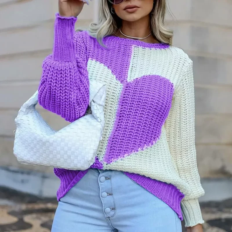 

New2022 Sweater Autumn Winter Ladies Elegant O Neck Love Print Patchwork Knitted Sweaters Fashion Long Sleeve Casual Loose Sweat