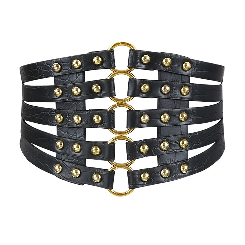 

2022 Vintage Design Brand Metal Ring Gold Belt Ladies Women Belts Women Fashion Rivet Wide Elastic Waist 5 Straps Pu Belt