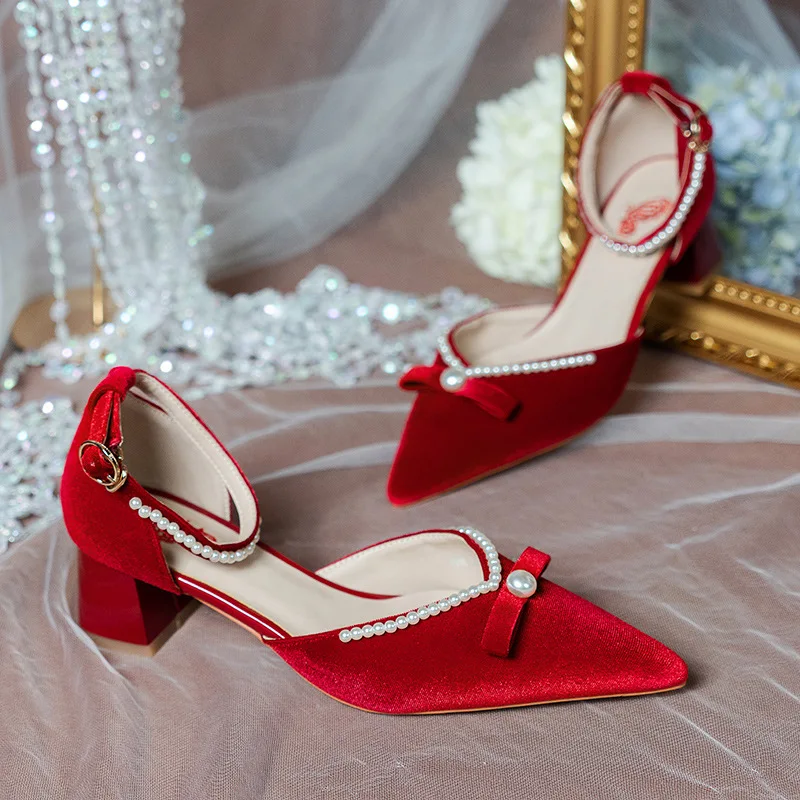

2022 Fashion Women Pumps Pointed-toe Satin Sweet Summer Woman Party High Heels Bow Chunky heel Wedding Shoe 5cm Heel New Arrival