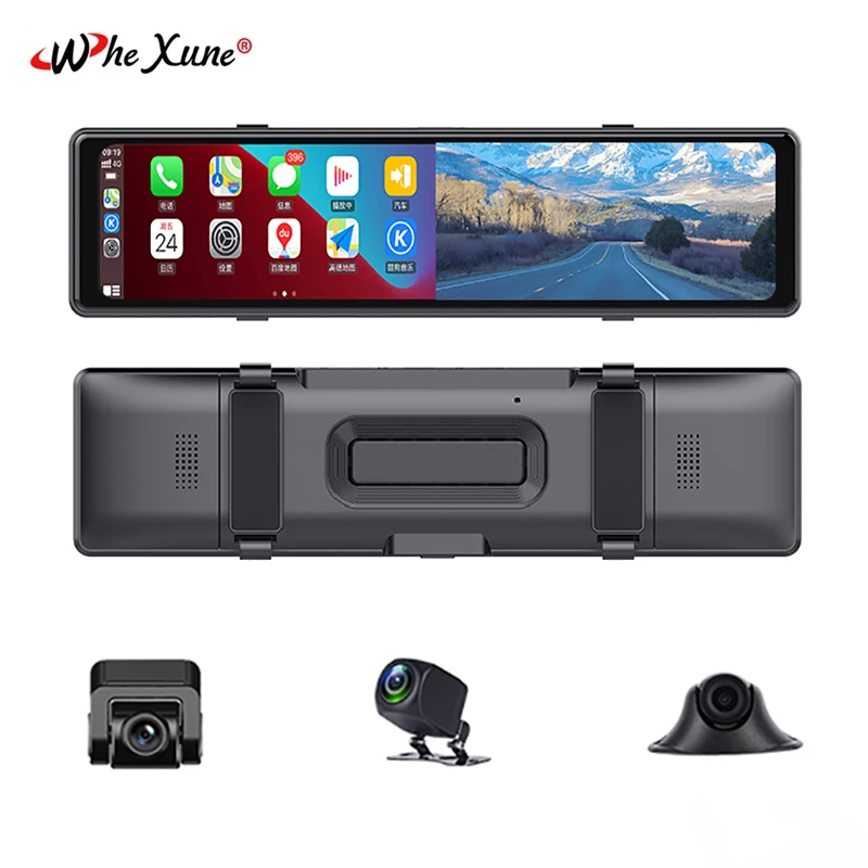 

12 Inch Car DVR 3 CHs Video Recorder 1080P FHD Dash Cam Android Auto Rear View Mirror 3 Cameras Lens Carplay 3 In 1 Night Vision