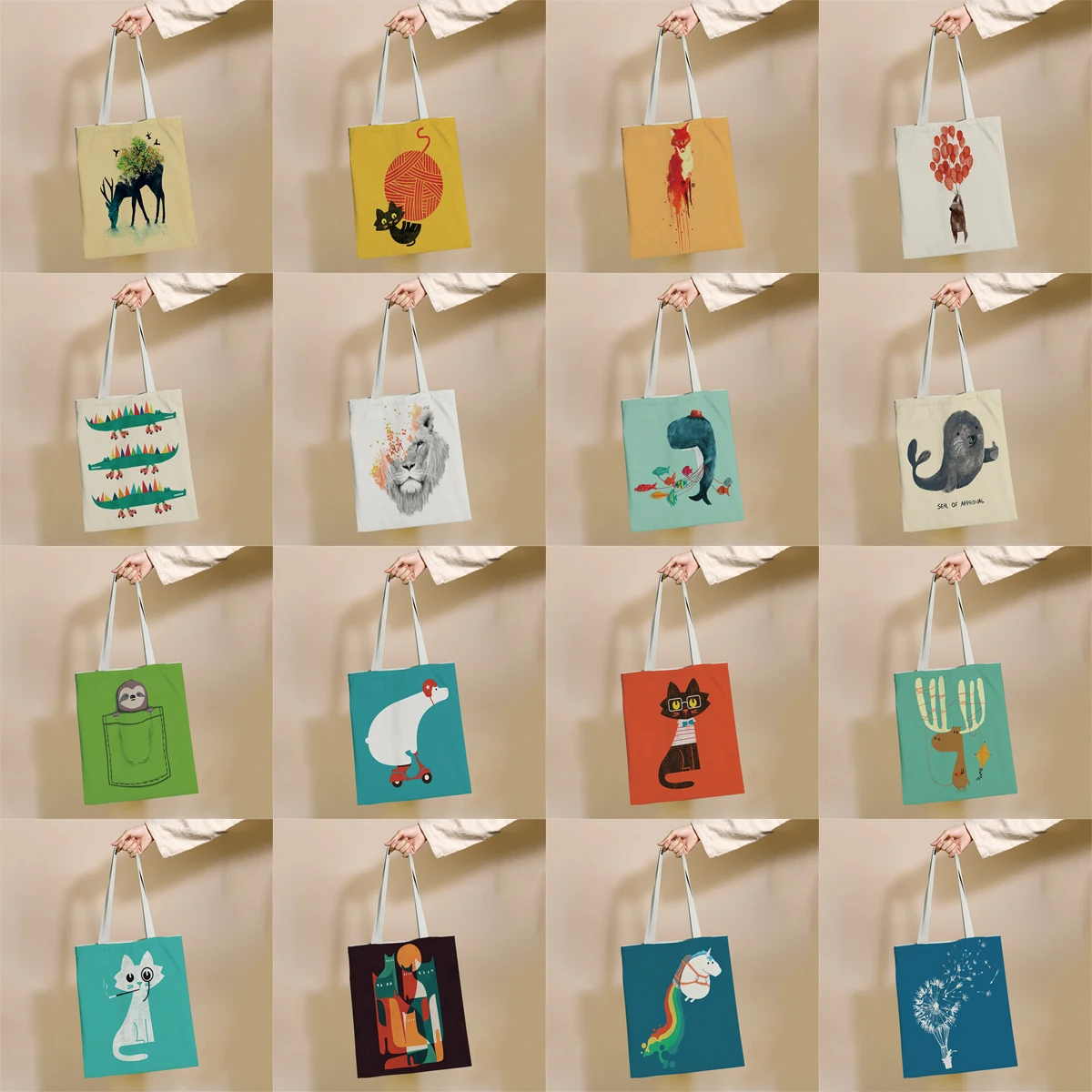 

Cartoon Cute Animals Pattern Reusable Shopping Bag Canvas Tote Bags Printing Eco Bag Shopper Shoulder Bags