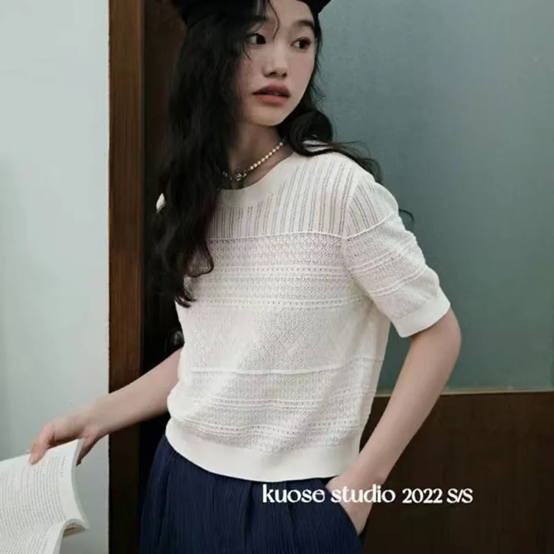 

Round Neck Short Sleeve Sweater Hollowed Out Short Top Casual Commuting Comfortable And Cool