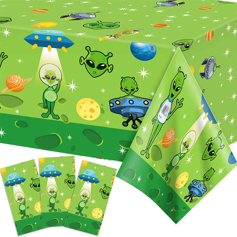 

130*220cm Mysterious Alien Disposable PE Tablecloth Outer Space UFO Alien Table Cover Happy Birthday Party Decor Kids Boy Favor